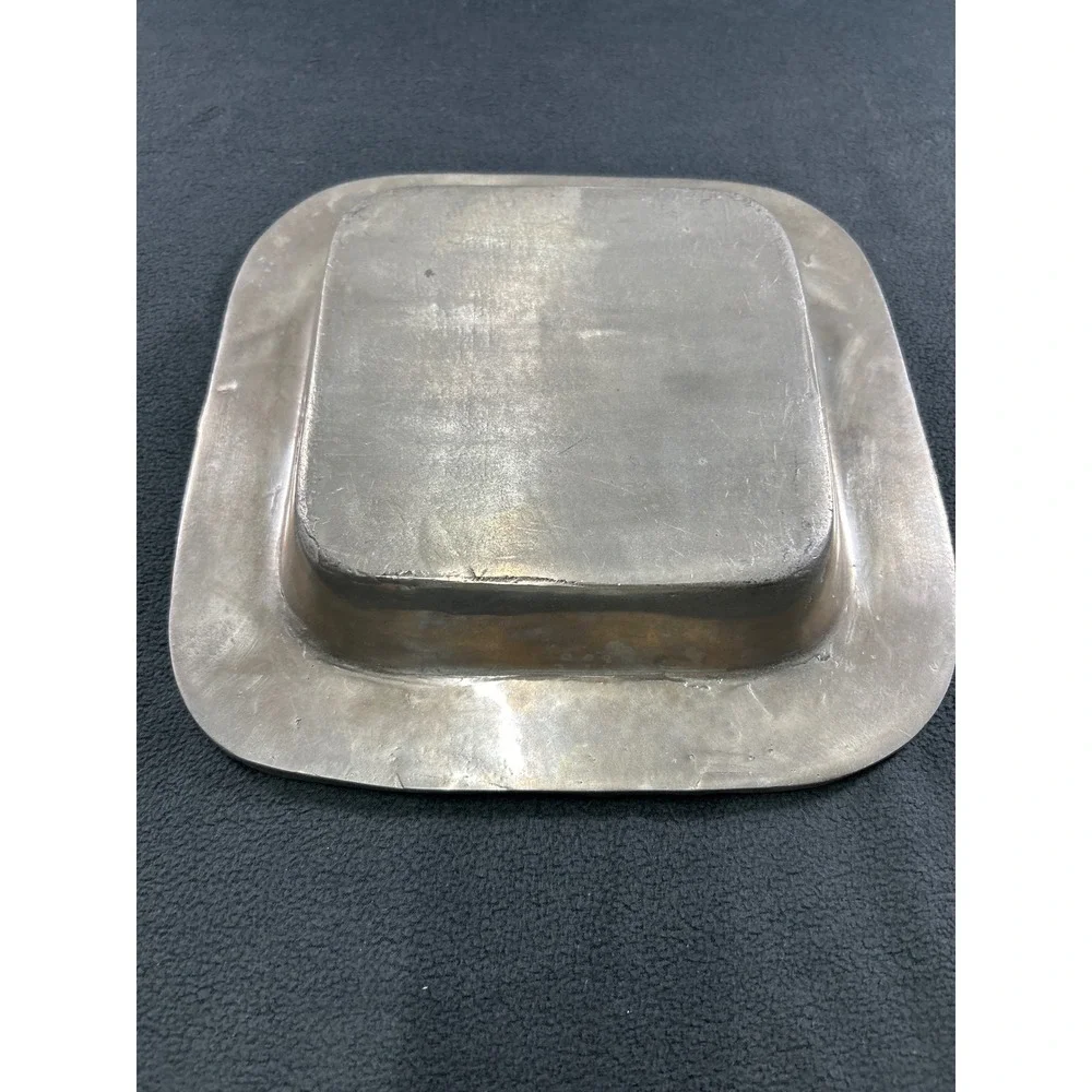 Vintage Pewter Square Serving Bowl Faux Bamboo Rim Chinoiserie Catchall Dish